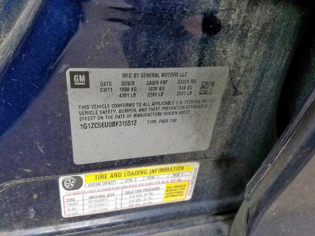 1G1ZC5EU0BF315512 - 2011 CHEVROLET MALIBU 1LT BLUE photo 10