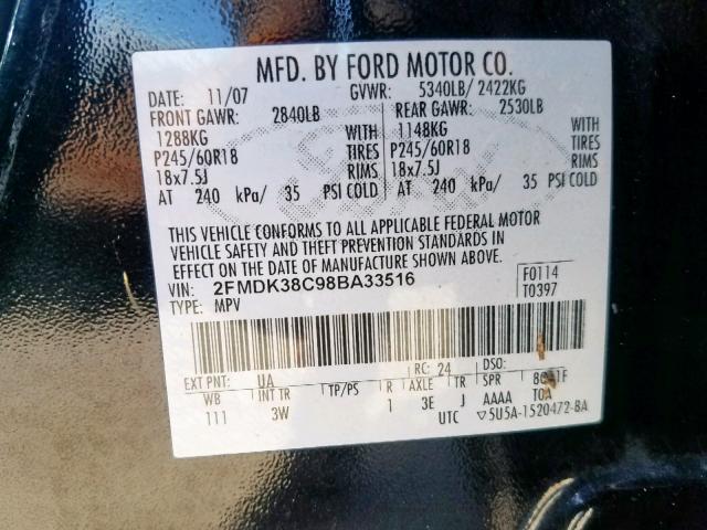 2FMDK38C98BA33516 - 2008 FORD EDGE SEL BLACK photo 10