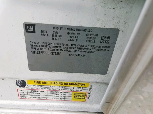 1G1ZE5E73BF377880 - 2011 CHEVROLET MALIBU LTZ თეთრი ფოტო 10