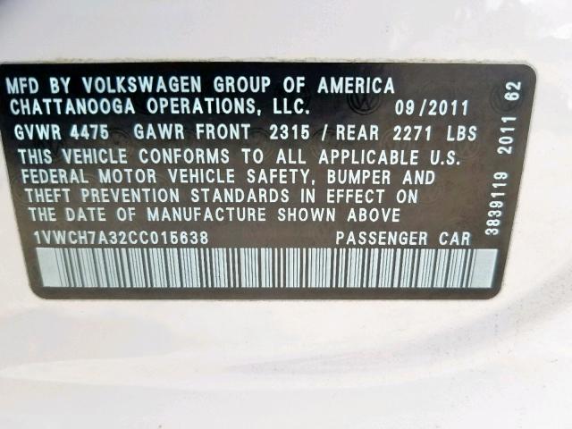 1VWCH7A32CC015638 - 2012 VOLKSWAGEN PASSAT SEL WHITE photo 10