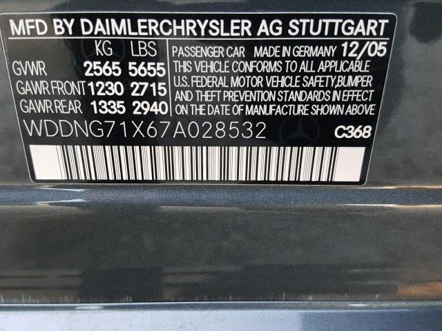 WDDNG71X67A028532 - 2007 MERCEDES-BENZ S 550 GRAY photo 10