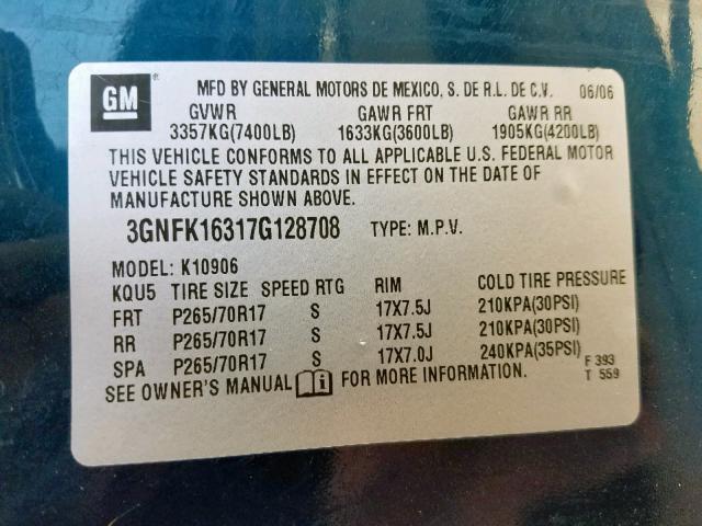 3GNFK16317G128708 - 2007 CHEVROLET SUBURBAN K BLUE photo 10