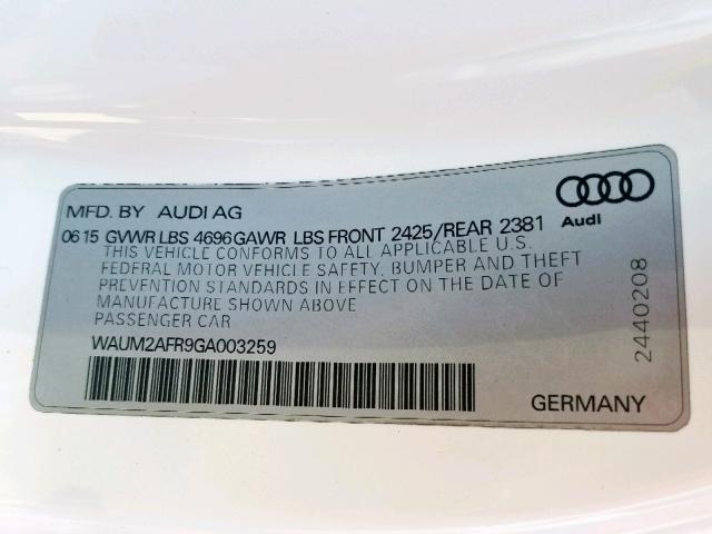 WAUM2AFR9GA003259 - 2016 AUDI A5 PREMIUM WHITE photo 10