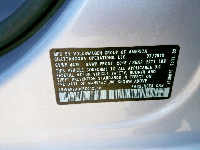 1VWBP7A30EC012318 - 2014 VOLKSWAGEN PASSAT SE SILVER photo 10