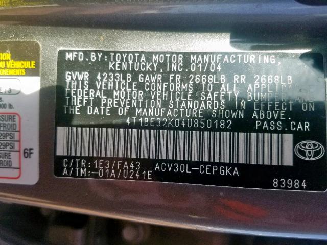 4T1BE32K04U850182 - 2004 TOYOTA CAMRY LE GRAY photo 10