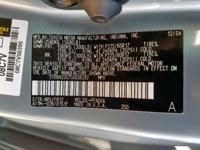 5TDBA23C75S036392 - 2005 TOYOTA SIENNA LE BLUE photo 10