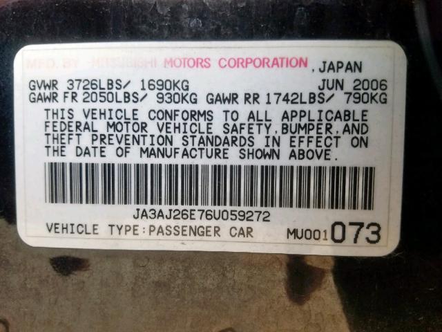 JA3AJ26E76U059272 - 2006 MITSUBISHI LANCER ES BLACK photo 10