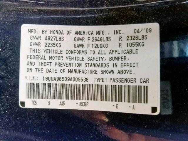 19UUA96509A005536 - 2009 ACURA TL BLUE photo 10