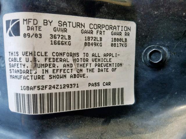1G8AF52F24Z129371 - 2004 SATURN ION LEVEL BLACK photo 10