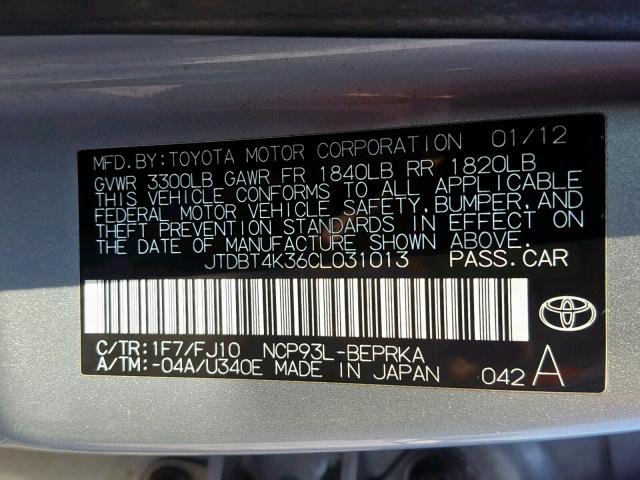 JTDBT4K36CL031013 - 2012 TOYOTA YARIS SILVER photo 10