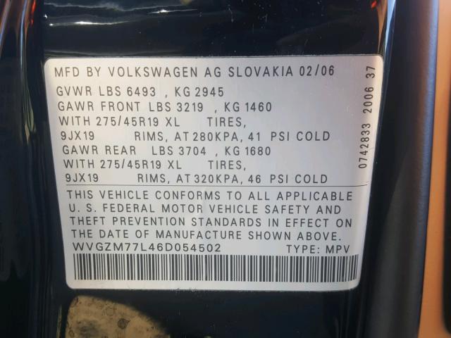 WVGZM77L46D054502 - 2006 VOLKSWAGEN TOUAREG 4. BLACK photo 10