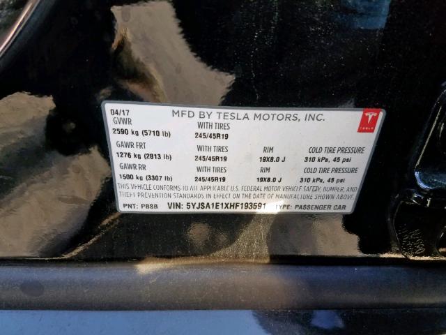 5YJSA1E1XHF193591 - 2017 TESLA MODEL S BLACK photo 10