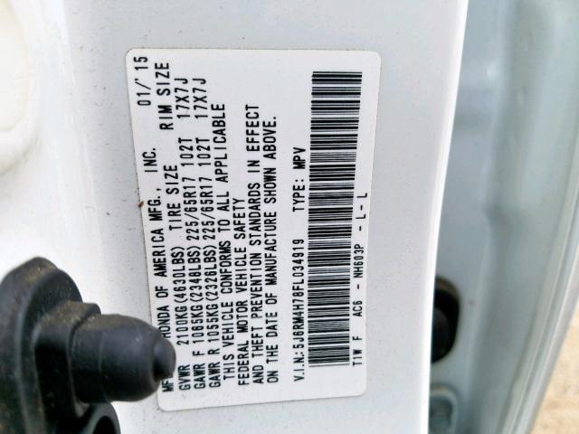 5J6RM4H78FL034919 - 2015 HONDA CR-V EXL WHITE photo 10