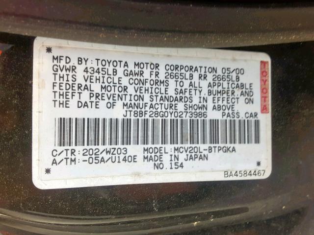 JT8BF28G0Y0273986 - 2000 LEXUS ES 300 BLACK photo 10