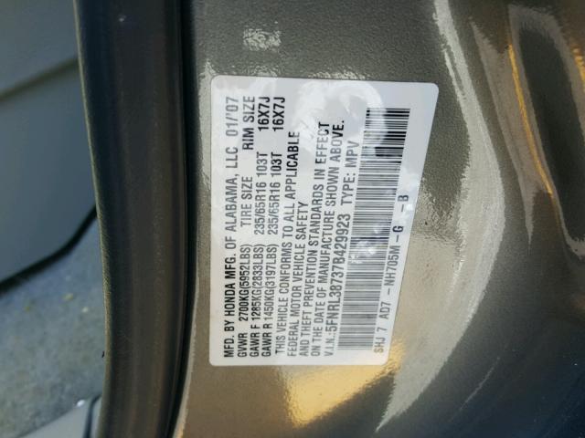 5FNRL38737B429923 - 2007 HONDA ODYSSEY EX GRAY photo 10