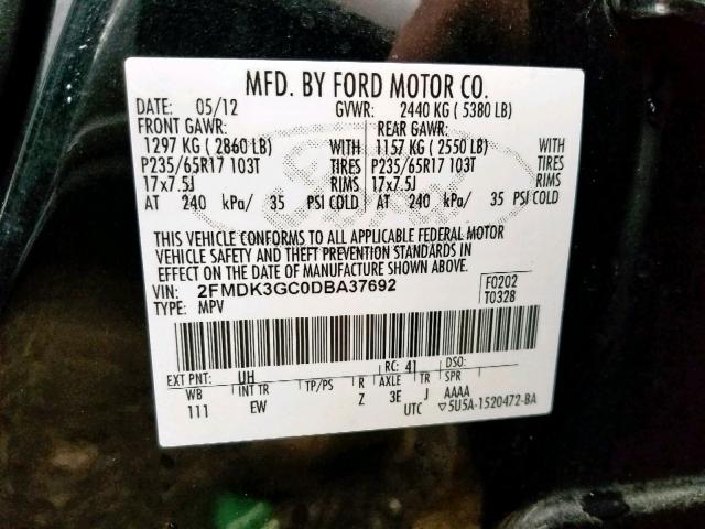 2FMDK3GC0DBA37692 - 2013 FORD EDGE SE BLACK photo 10