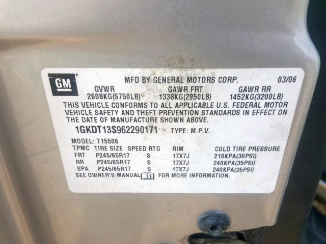 1GKDT13S962290171 - 2006 GMC ENVOY SILVER photo 10