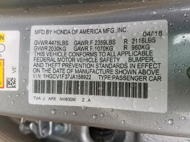 1HGCV1F37JA158922 - 2018 HONDA ACCORD SPO SILVER photo 10