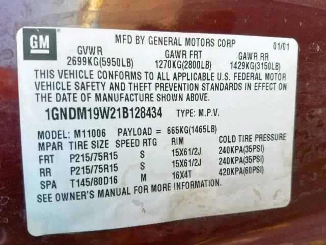 1GNDM19W21B128434 - 2001 CHEVROLET ASTRO BURGUNDY photo 10