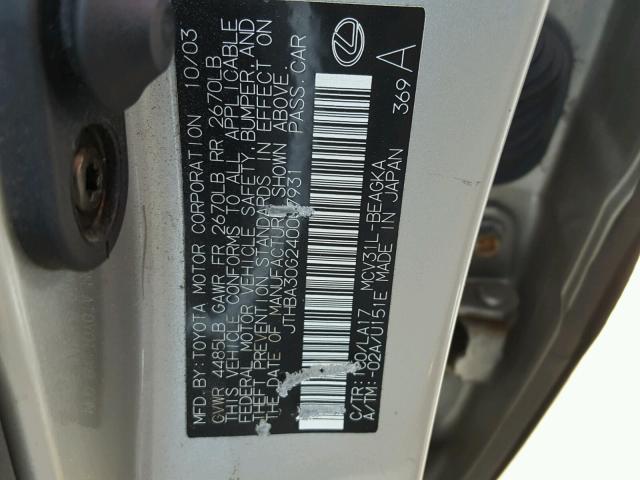 JTHBA30G240007931 - 2004 LEXUS ES 330 SILVER photo 10