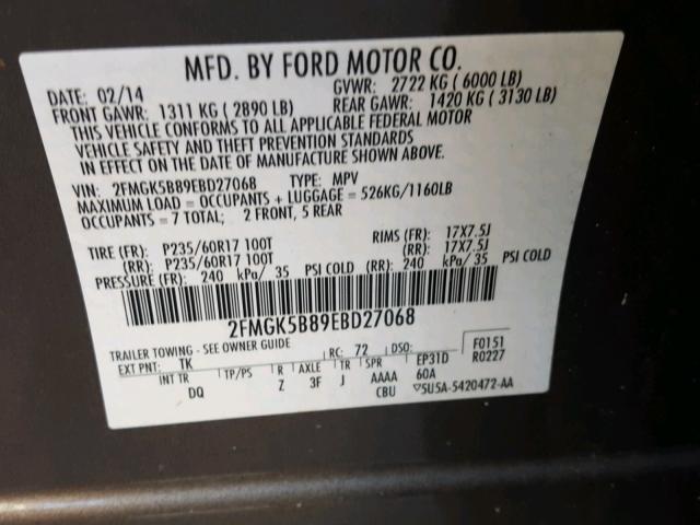 2FMGK5B89EBD27068 - 2014 FORD FLEX SE GRAY photo 10