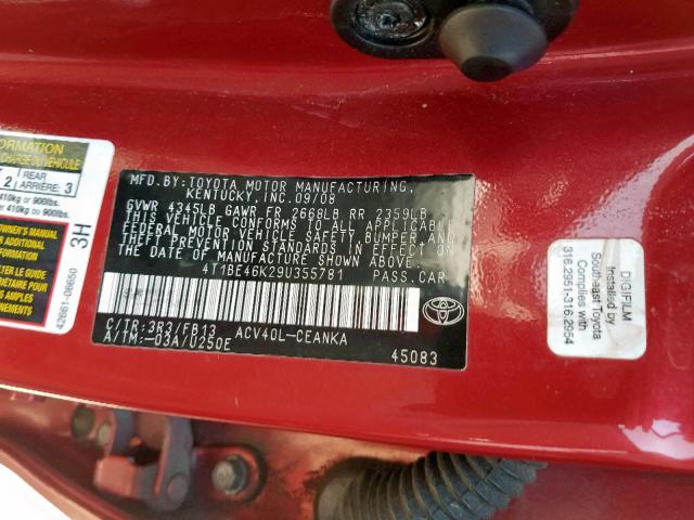 4T1BE46K29U355781 - 2009 TOYOTA CAMRY BASE RED photo 10