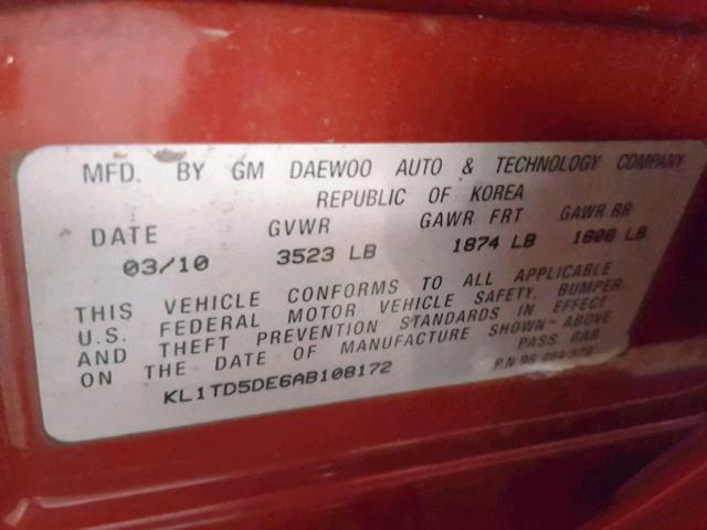 KL1TD5DE6AB108172 - 2010 CHEVROLET AVEO LS RED photo 10