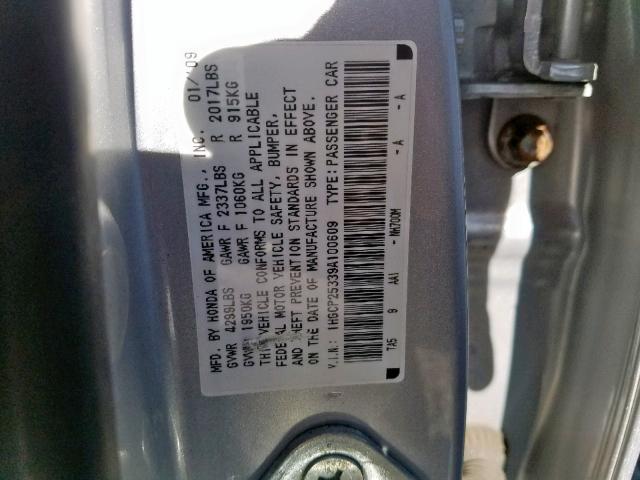 1HGCP25339A100609 - 2009 HONDA ACCORD LX SILVER photo 10