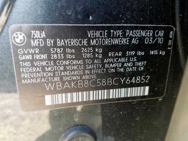 WBAKB8C58BCY64852 - 2011 BMW 750 BLACK photo 10