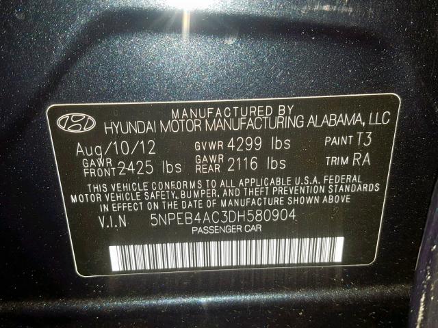 5NPEB4AC3DH580904 - 2013 HYUNDAI SONATA GLS BLUE photo 10