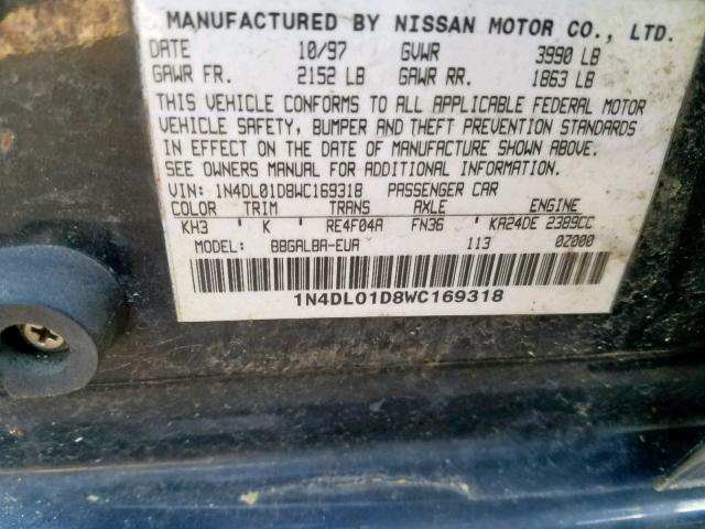 1N4DL01D8WC169318 - 1998 NISSAN ALTIMA XE BLACK photo 10