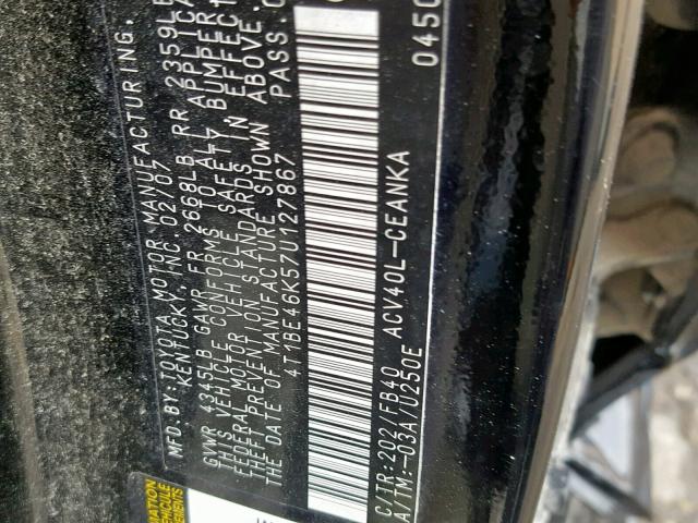 4T1BE46K57U127867 - 2007 TOYOTA CAMRY NEW BLACK photo 10