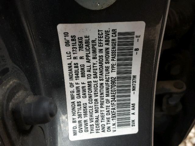 19XFA1F34AE070902 - 2010 HONDA CIVIC VP GRAY photo 10