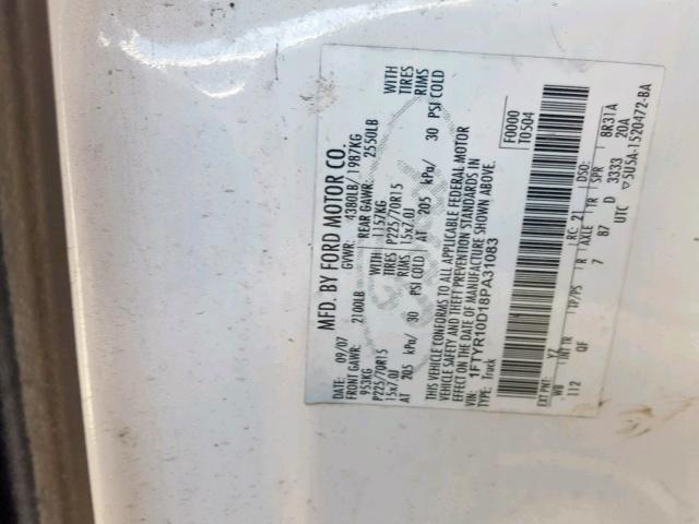 1FTYR10D18PA31083 - 2008 FORD RANGER WHITE photo 10