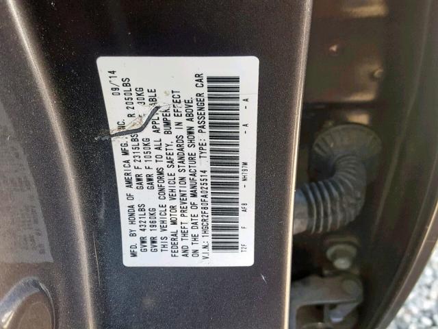 1HGCR2F80FA025514 - 2015 HONDA ACCORD EXL GRAY photo 10