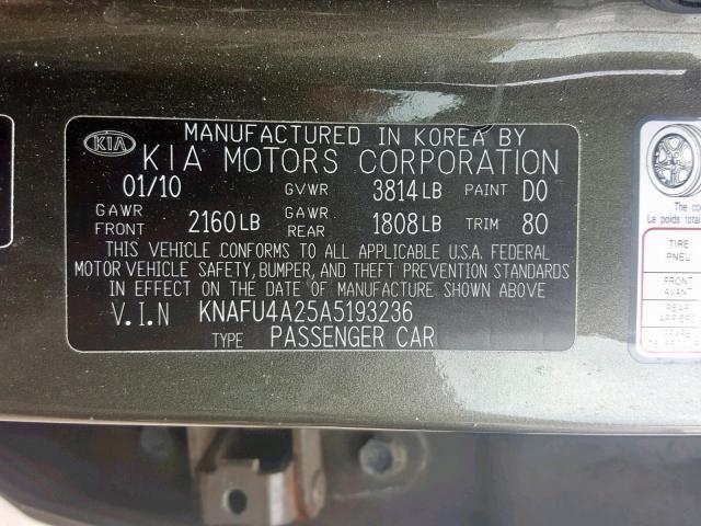 KNAFU4A25A5193236 - 2010 KIA FORTE EX BROWN photo 10