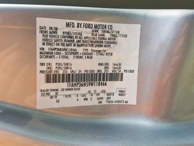 1FAHP36N59W118466 - 2009 FORD FOCUS SES SILVER photo 10