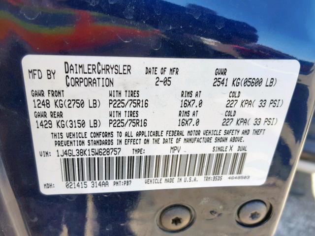 1J4GL38K15W628757 - 2005 JEEP LIBERTY RE BLUE photo 10