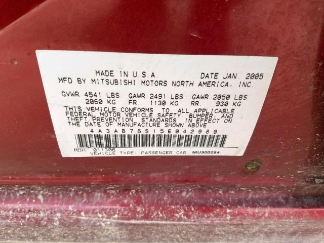 4A3AB76S15E042989 - 2005 MITSUBISHI GALANT GTS MAROON photo 10