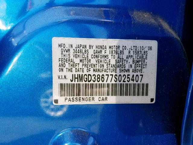 JHMGD38677S025407 - 2007 HONDA FIT S 蓝色 照片 10