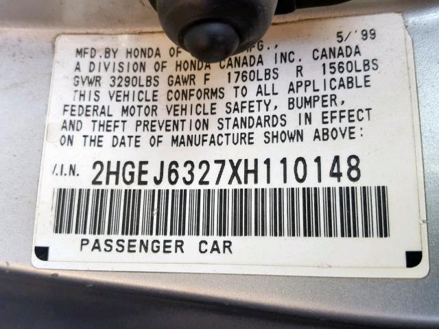 2HGEJ6327XH110148 - 1999 HONDA CIVIC CX SILVER photo 10