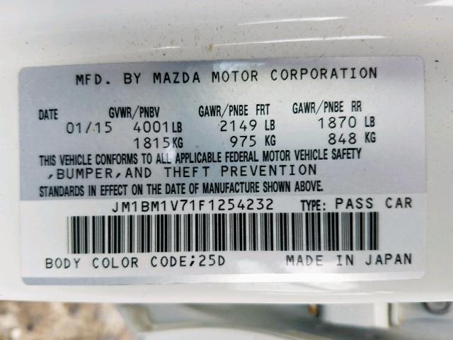 JM1BM1V71F1254232 - 2015 MAZDA 3 TOURING WHITE photo 10