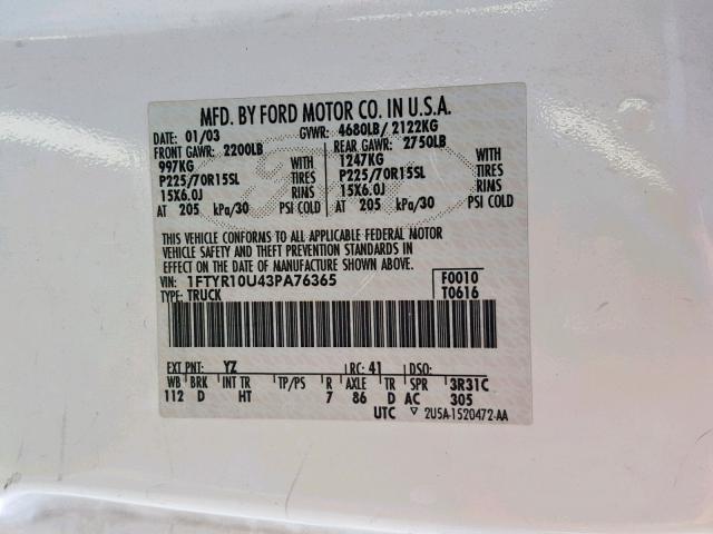 1FTYR10U43PA76365 - 2003 FORD RANGER WHITE photo 10