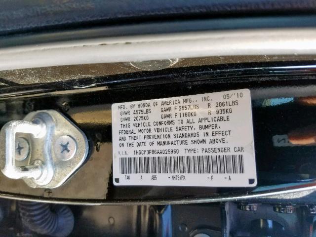 1HGCP3F86AA025960 - 2010 HONDA ACCORD EXL BLACK photo 10