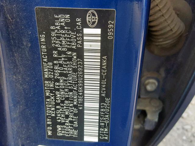 4T1BE46K99U269237 - 2009 TOYOTA CAMRY BASE BLUE photo 10