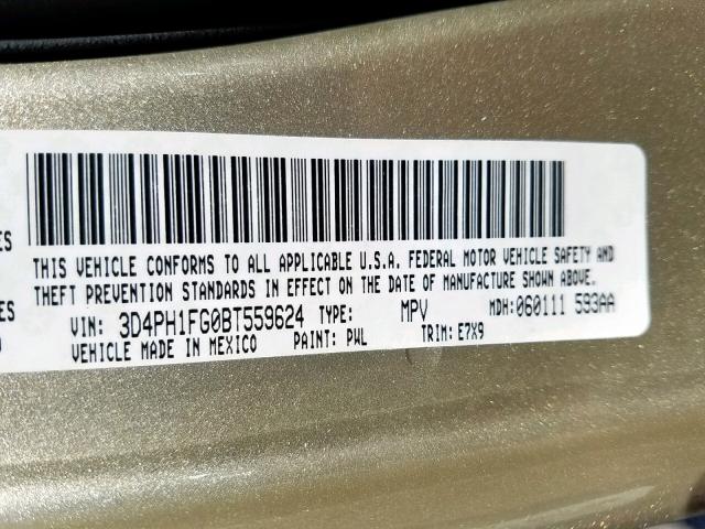 3D4PH1FG0BT559624 - 2011 DODGE JOURNEY MA GOLD photo 10