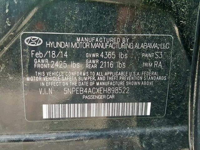 5NPEB4ACXEH898522 - 2014 HYUNDAI SONATA GLS BLACK photo 10