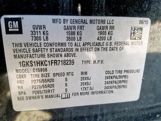 1GKS1HKC1FR718239 - 2015 GMC YUKON XL C BLACK photo 10