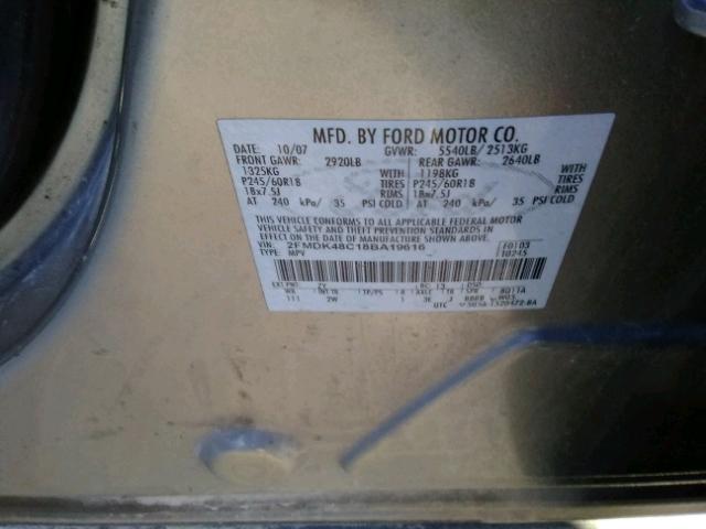 2FMDK48C18BA19616 - 2008 FORD EDGE SEL GRAY photo 10