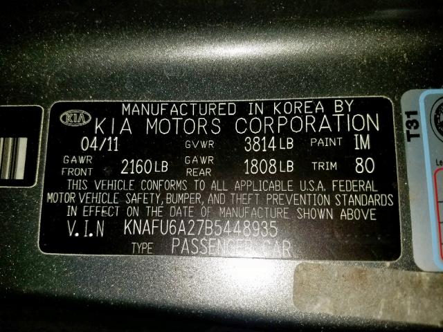 KNAFU6A27B5448935 - 2011 KIA FORTE EX GRAY photo 10